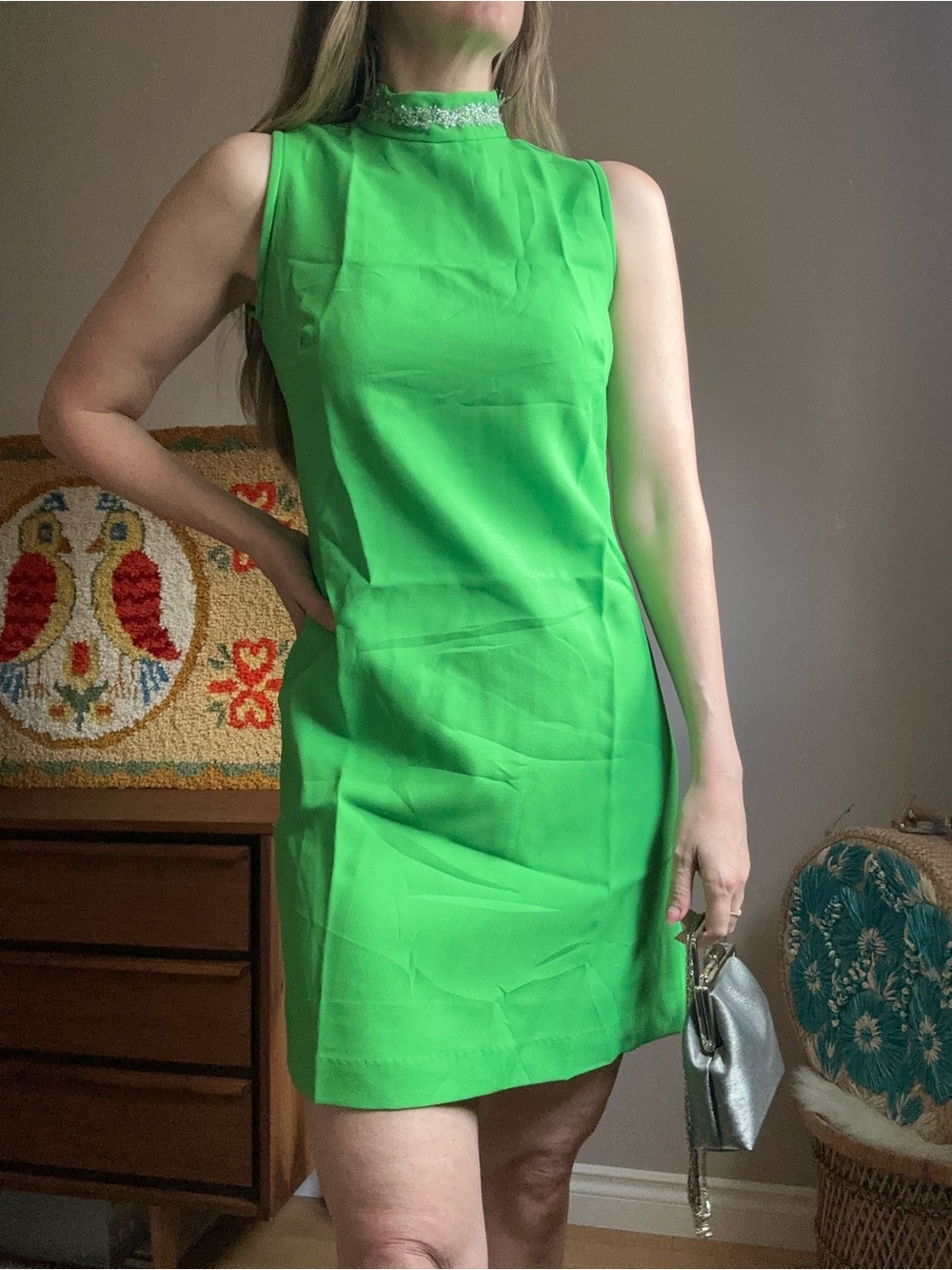 Vintage 1960’s Neon Greeon Sleeveless High-Neck Women's Dress